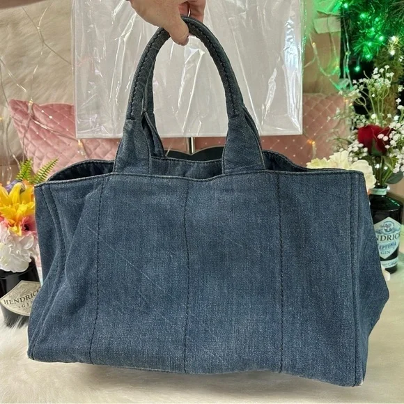 PRADA CANAPA LARGE DENIM TOTE AVIO BLUE LOGO BAG ITALY AUTHENTIC DUST BAG/CARD - Picture 3 of 16